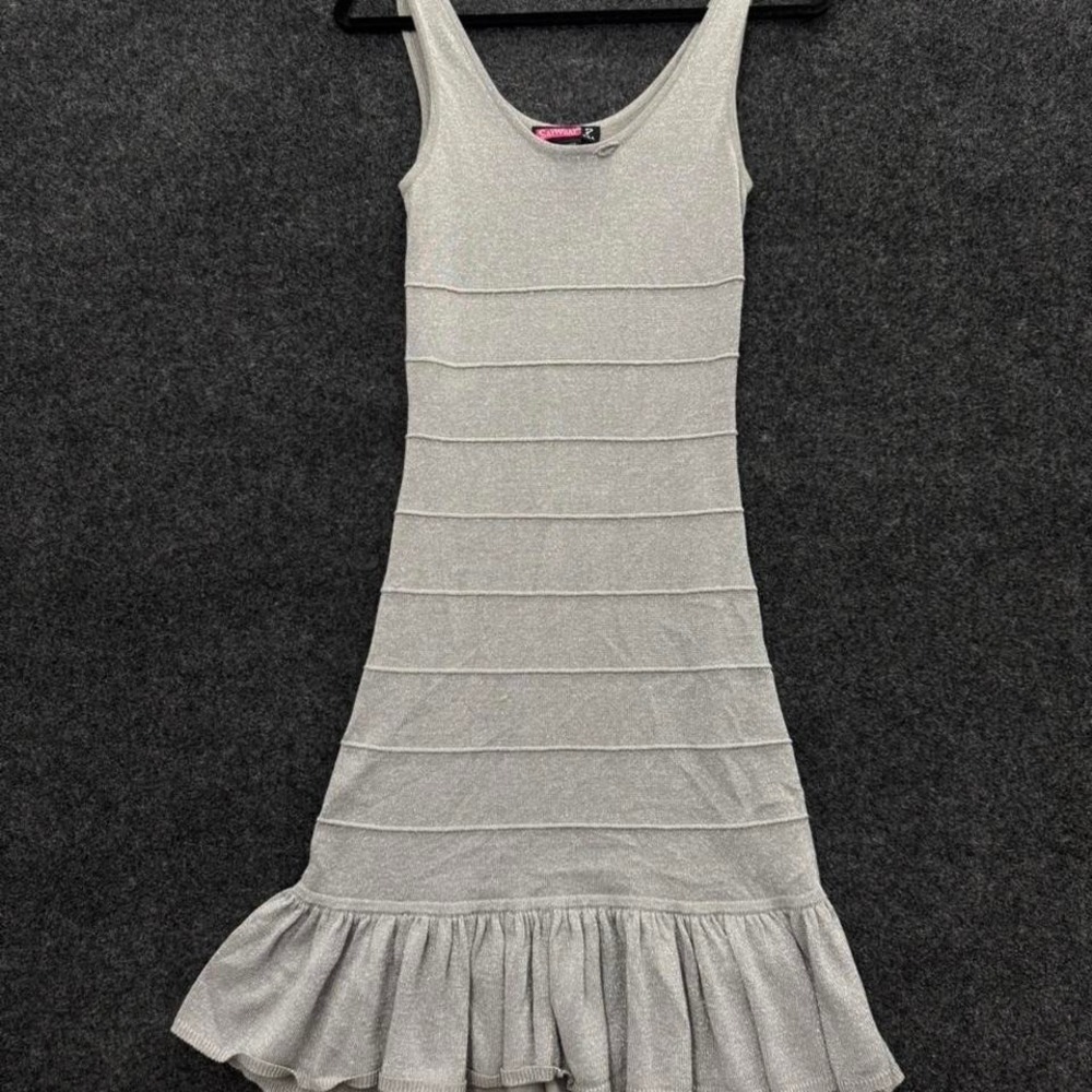 Say What Silver Metallic Knit Dress Womens Small Y2K Ruffle Hem